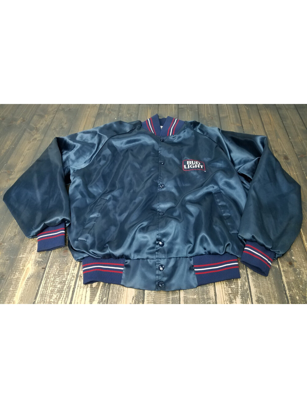 Vintage - Bud Light Bomber BLUE Satin Jacket Made in USA Size L Large